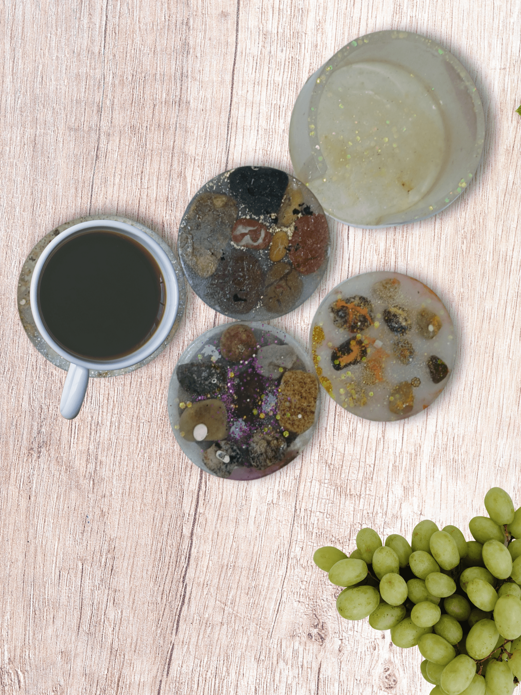 Natural Stone & Quartz Resin Coaster Set (4 pcs + Holder)